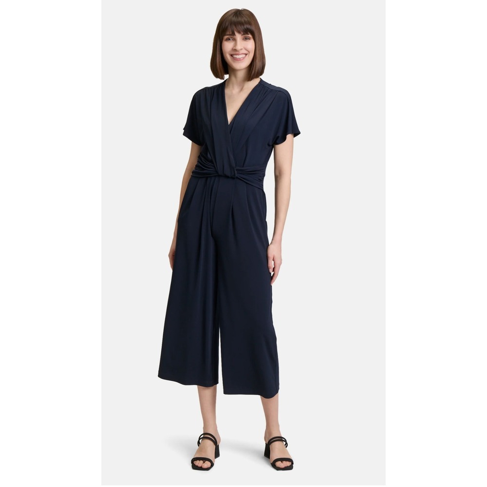 Betty Barclay 8 Navy Blue Wrap Front Wide Leg Jumpsuit V-Neck Short Sleeve